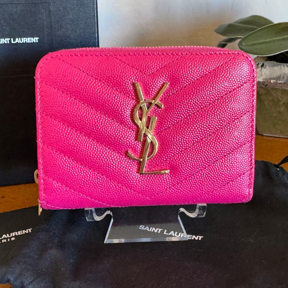 Saint Laurent YSL Quilted Compact Wallet Pink Leather - Picture 2 of 14